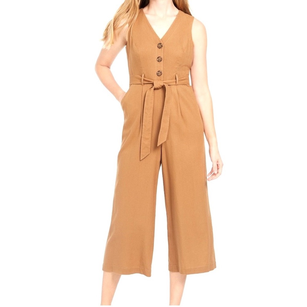 Calvin Klein Womens Brown Linen Blend Button Front Wide Leg Culotte Jumpsuit 10